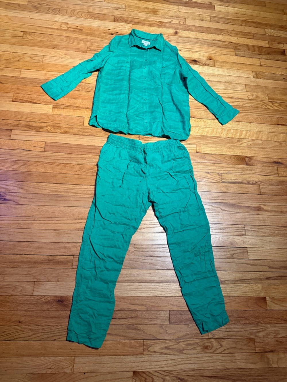 Peck & Peck Linen Matching Set Button-Up XL Top & Drawstring Slim Pants M Green
